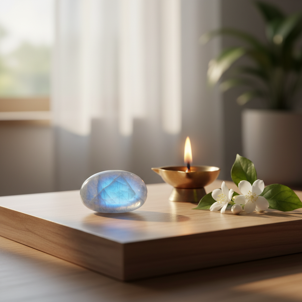 Rainbow Moonstone crystal on a meditation altar with brass diya and jasmine – Horocosmo