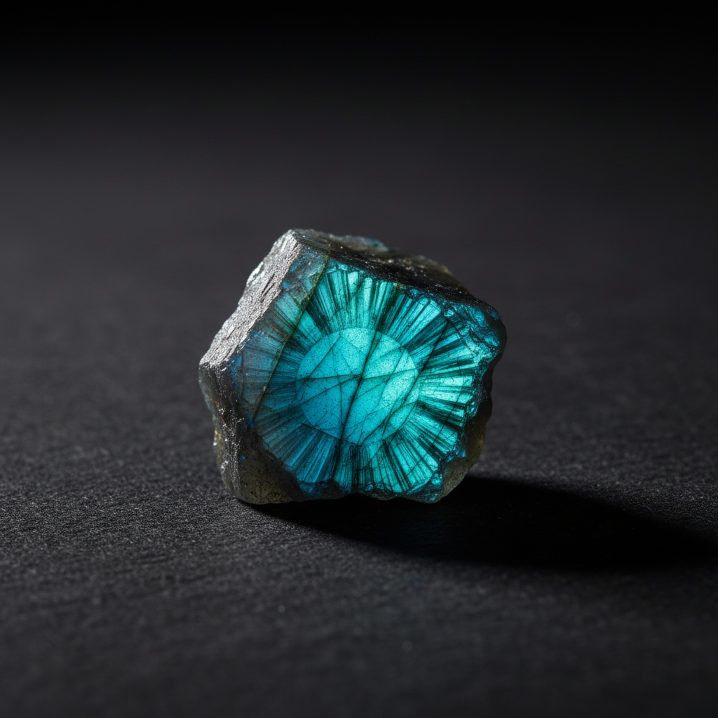 Natural Labradorite crystal with glowing blue-green flash on dark background – Horocosmo