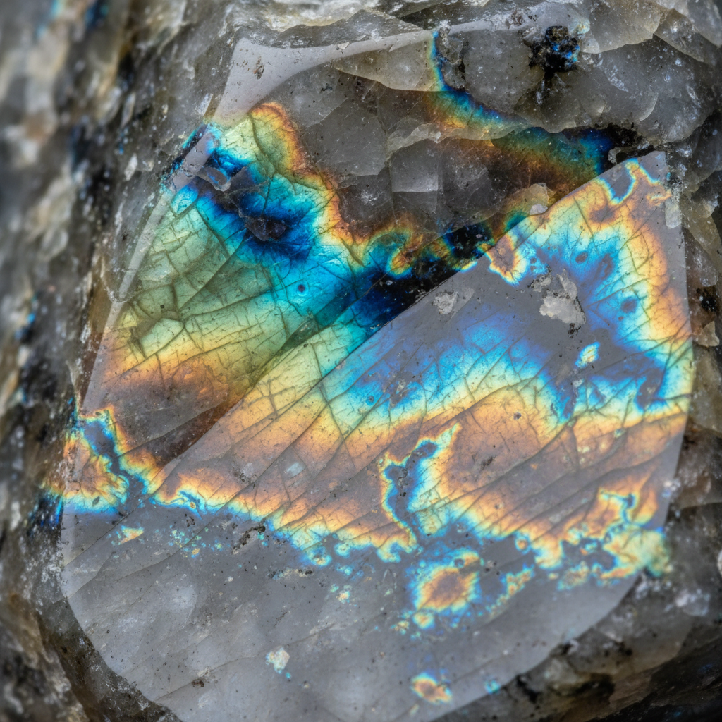 Macro texture of natural Labradorite showing blue green gold schiller flash – Horocosmo