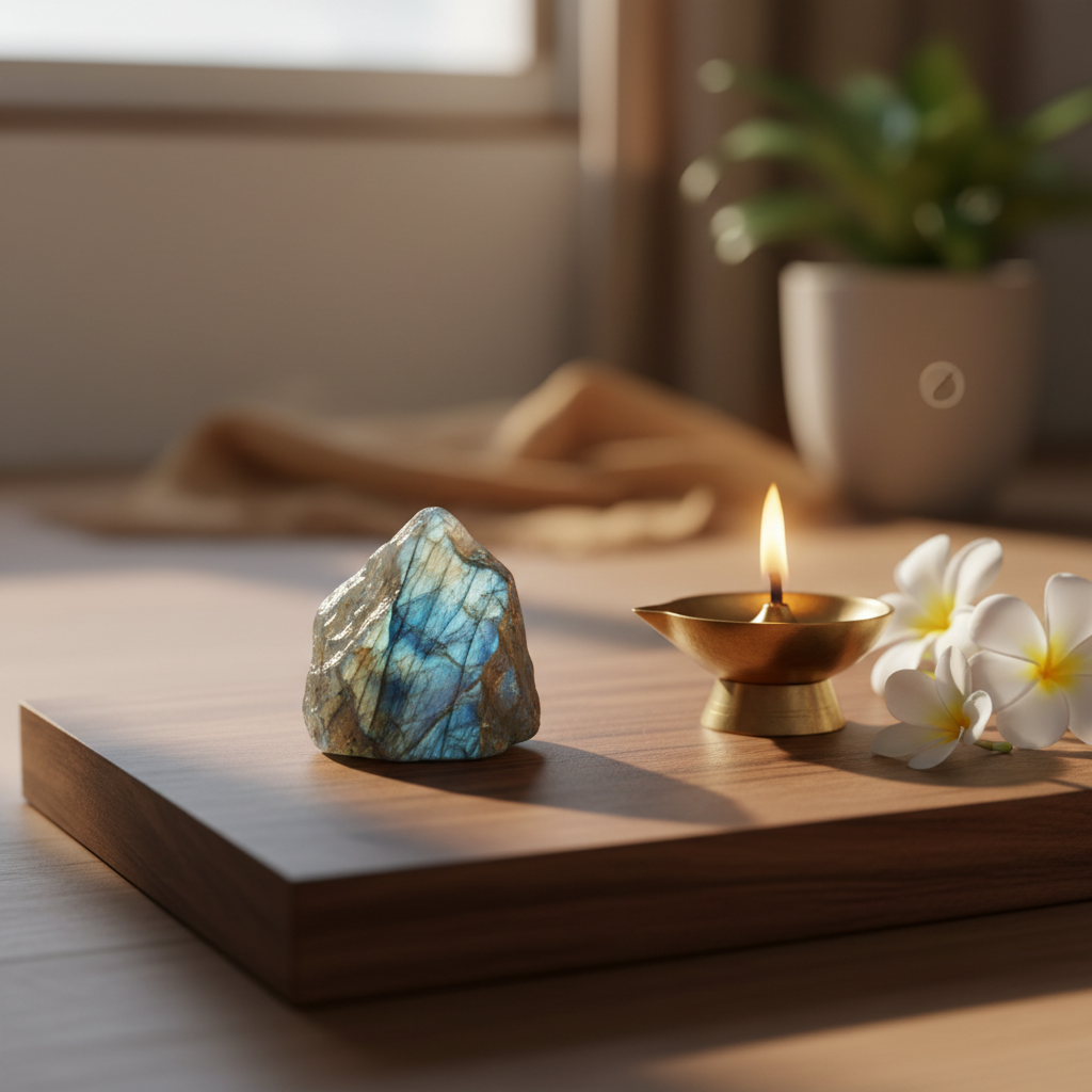 Labradorite crystal on a meditation altar with brass diya – Horocosmo