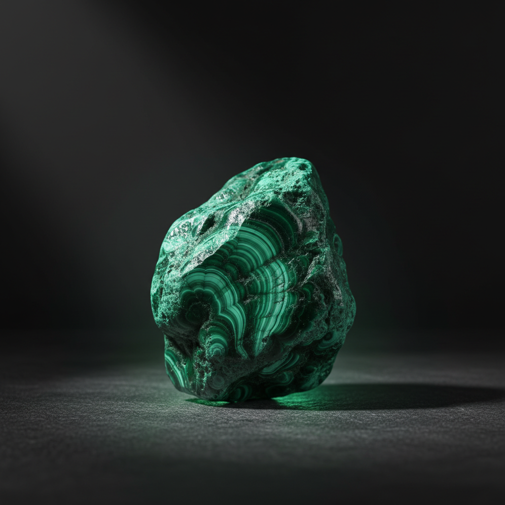 Natural Malachite crystal with green glow on dark background – Horocosmo