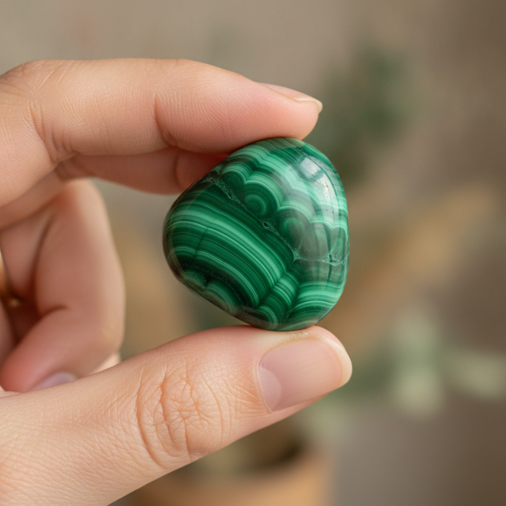 Natural Malachite crystal held in hand for scale – Horocosmo