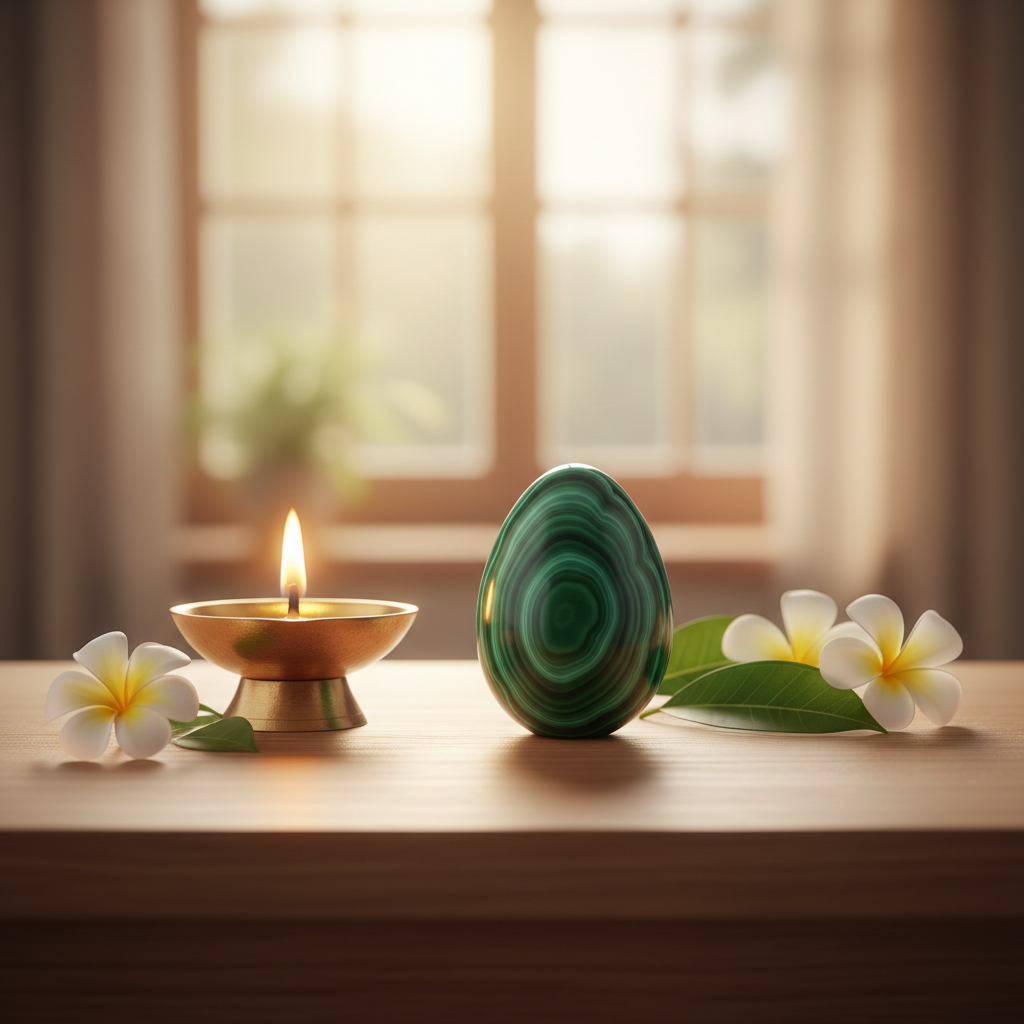 Malachite crystal on a meditation altar with brass diya – Horocosmo