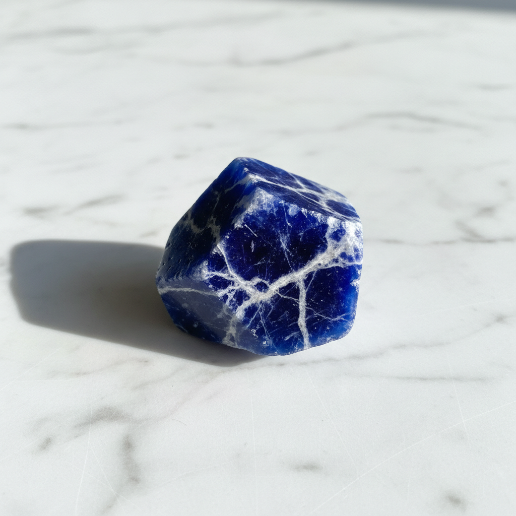 Natural Sodalite crystal blue with white veins on white marble – Horocosmo