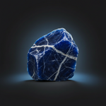 Natural Sodalite crystal with cool blue glow on dark background – Horocosmo