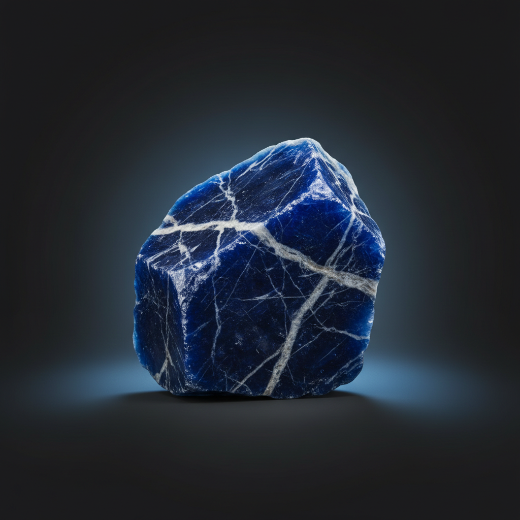 Natural Sodalite crystal with cool blue glow on dark background – Horocosmo
