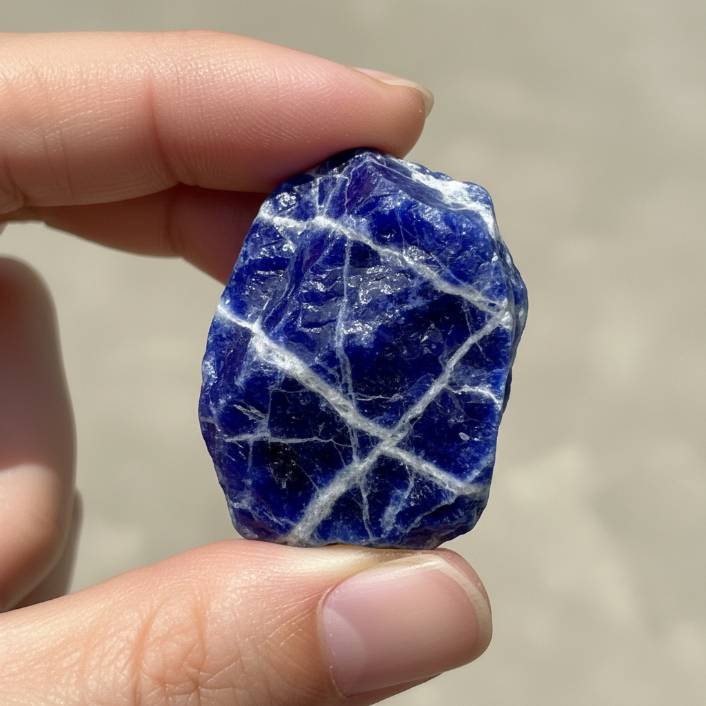 Natural Sodalite crystal held in hand for scale – Horocosmo