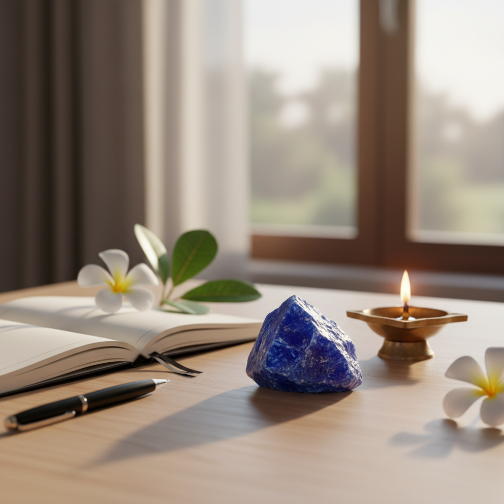 Sodalite crystal on a study desk with brass diya and notebook – Horocosmo