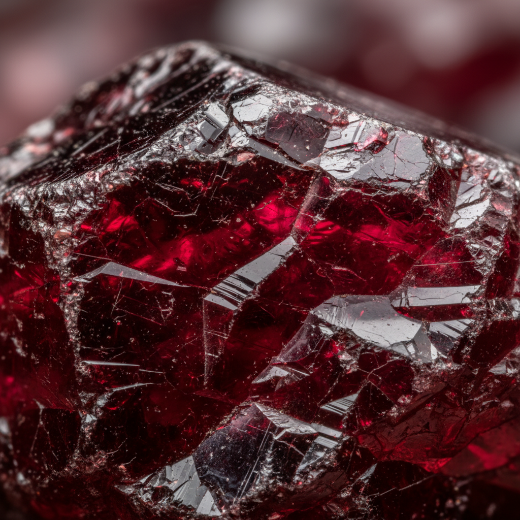 Macro texture of natural Red Garnet showing crimson translucency – Horocosmo