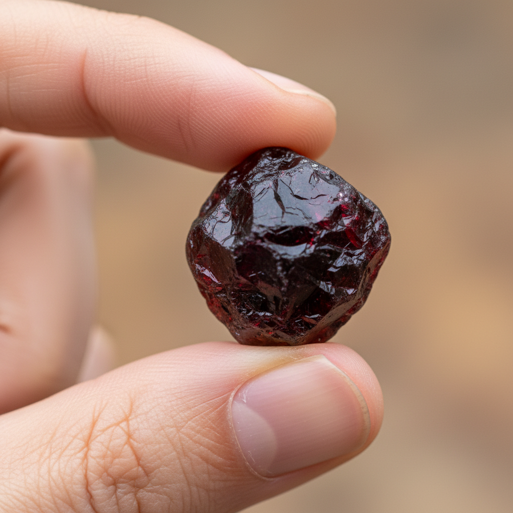 Natural Red Garnet crystal held in hand for scale – Horocosmo