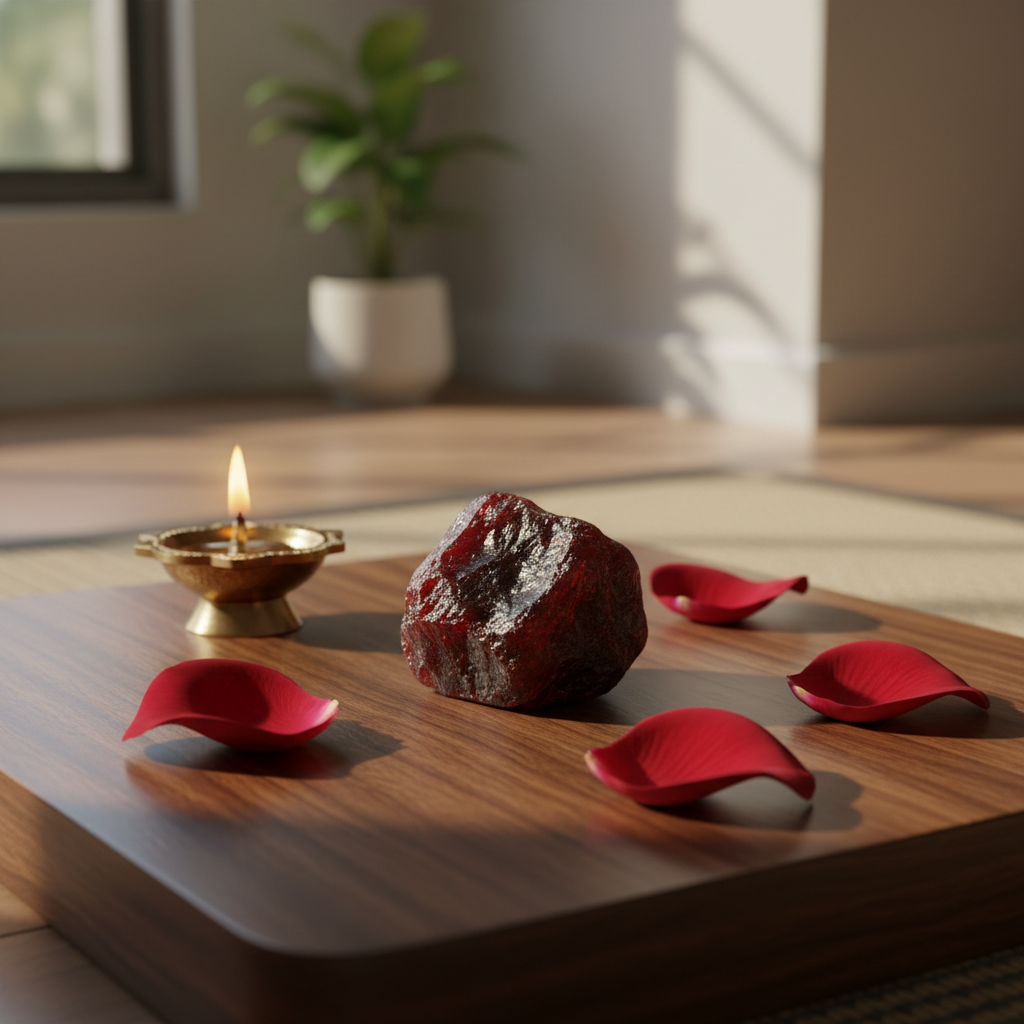Red Garnet crystal on a meditation altar with brass diya and rose petals – Horocosmo