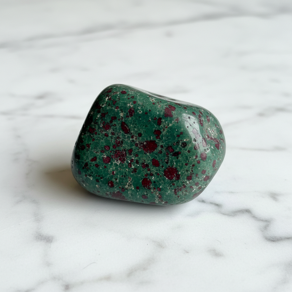 Natural Bloodstone crystal green with red flecks on white marble – Horocosmo