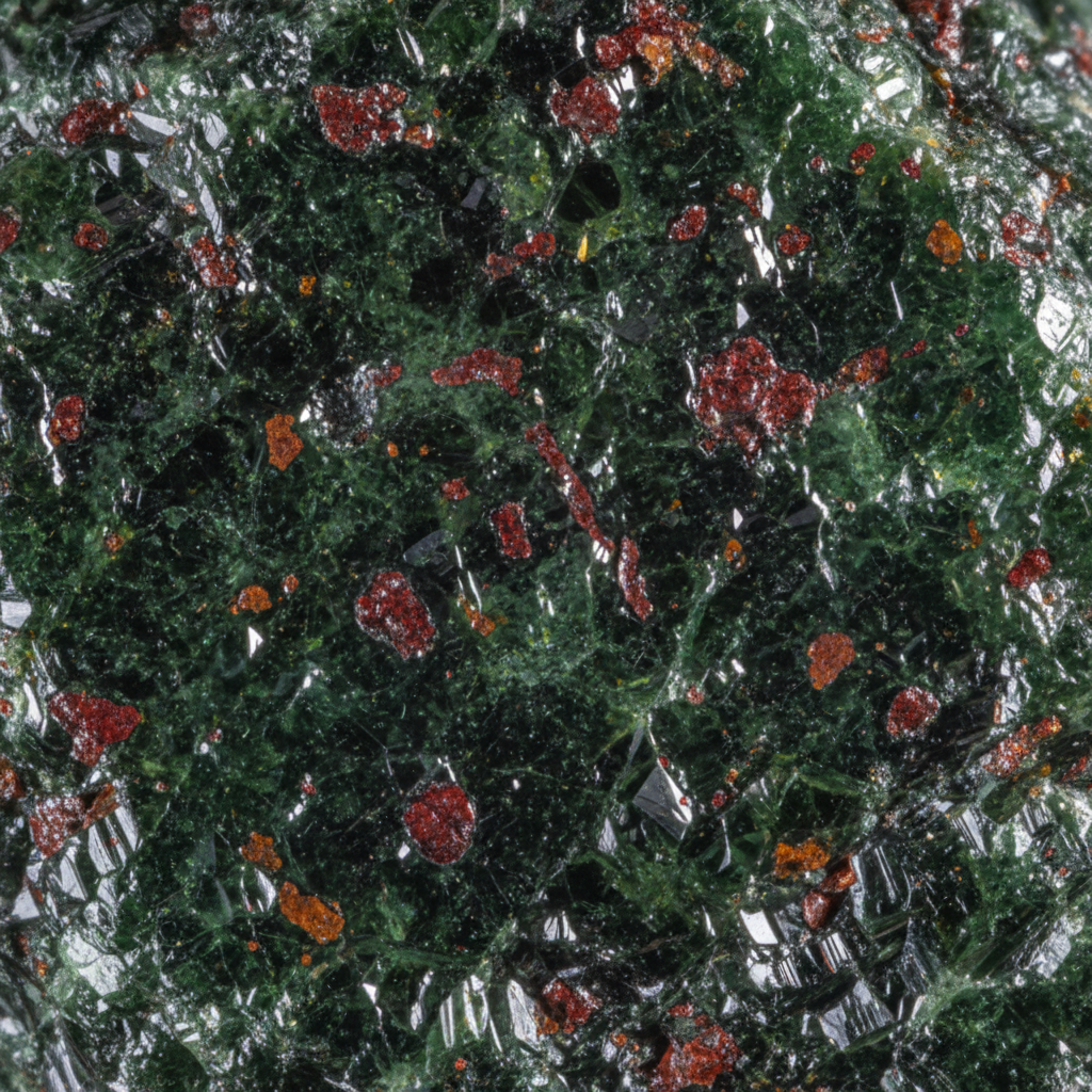 Macro texture of natural Bloodstone showing green base and red spots – Horocosmo