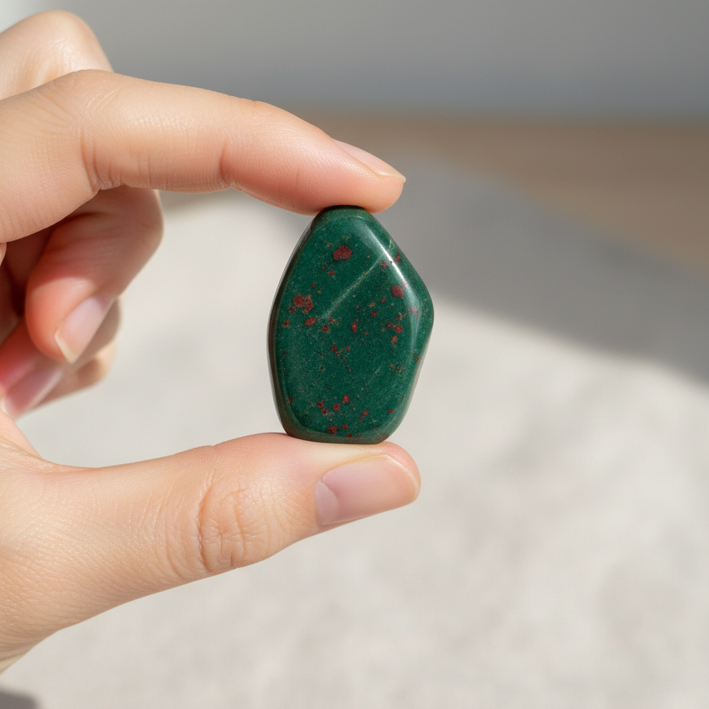 Natural Bloodstone crystal held in hand for scale – Horocosmo