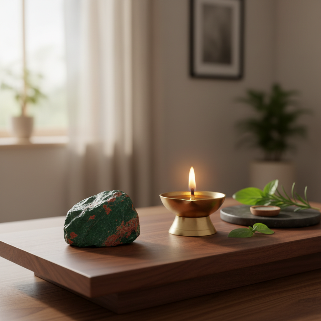 Bloodstone crystal on a meditation altar with brass diya – Horocosmo