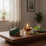 Bloodstone crystal on a meditation altar with brass diya – Horocosmo