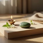Green Jade stone on a meditation altar with brass diya – Horocosmo