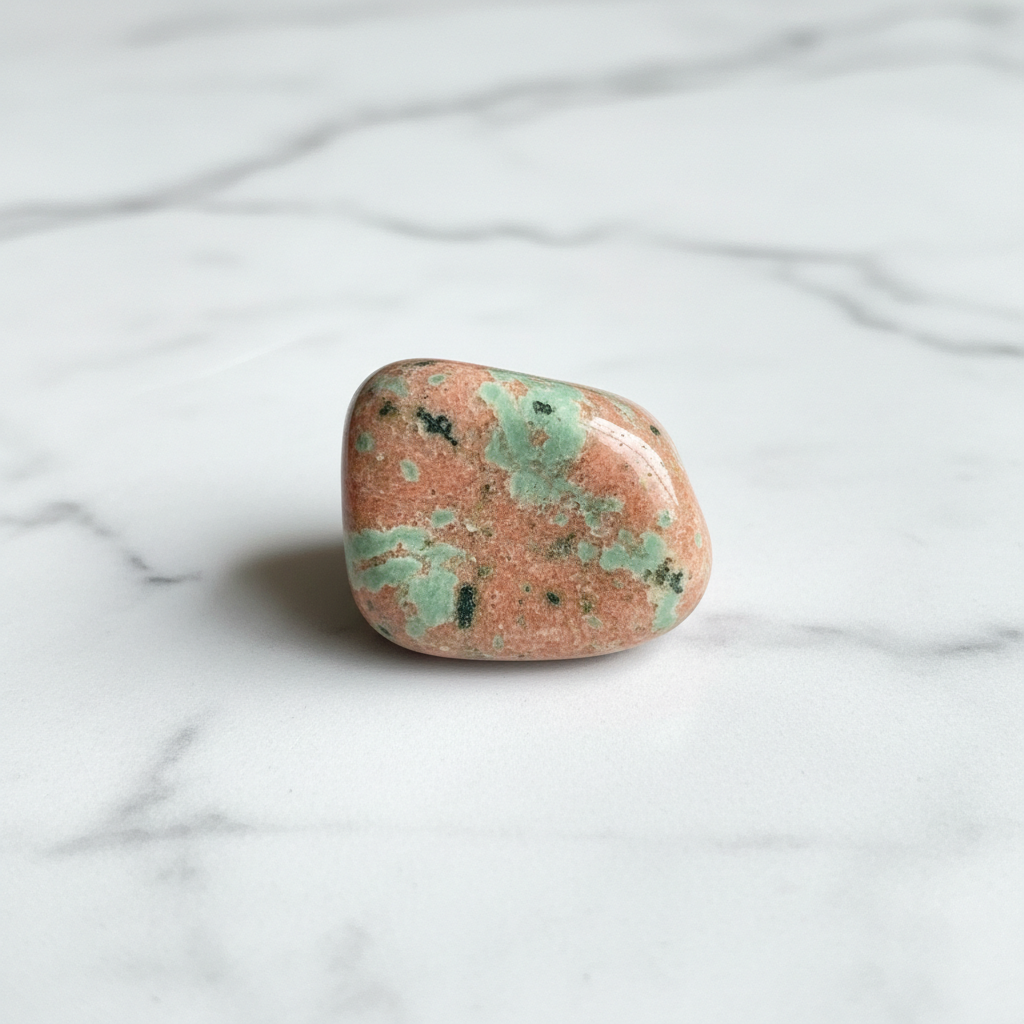 Natural Unakite stone mottled pink and green on white marble – Horocosmo
