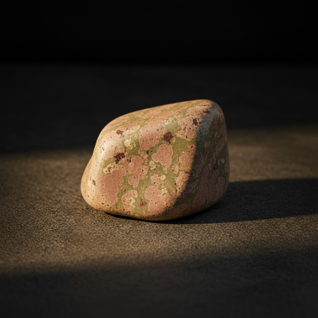 Natural Unakite stone with warm glow on dark background – Horocosmo