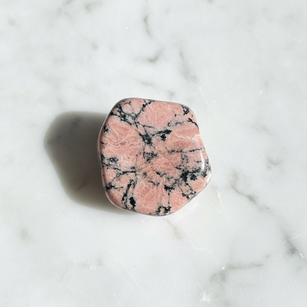Natural Rhodonite stone rose-pink with black veins on white marble – Horocosmo