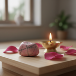 Rhodonite stone on a meditation altar with brass diya and rose petals – Horocosmo