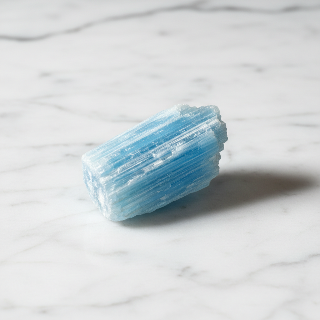 Natural Blue Kyanite bladed crystal on white marble – Horocosmo