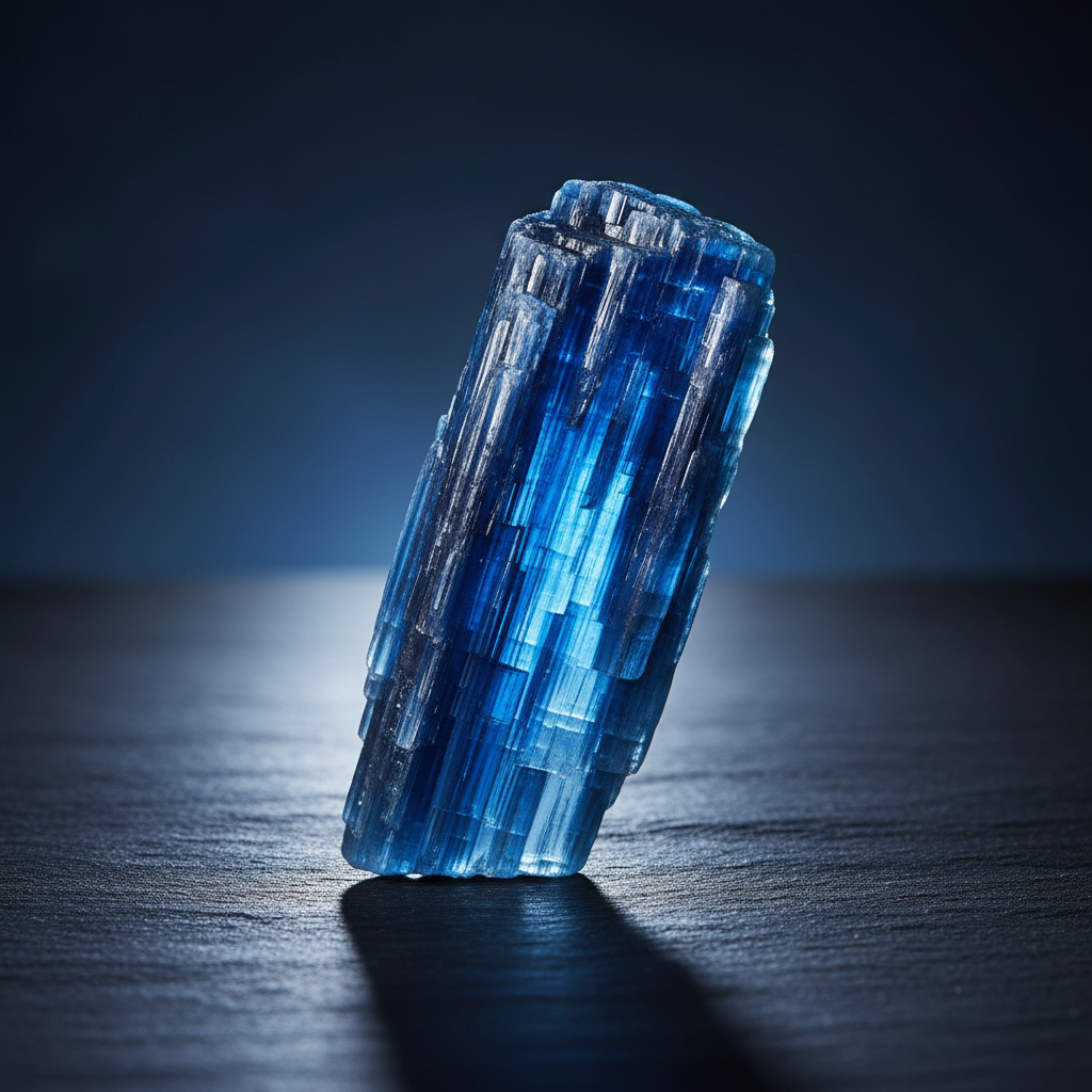 Natural Blue Kyanite crystal with cool blue glow on dark background – Horocosmo