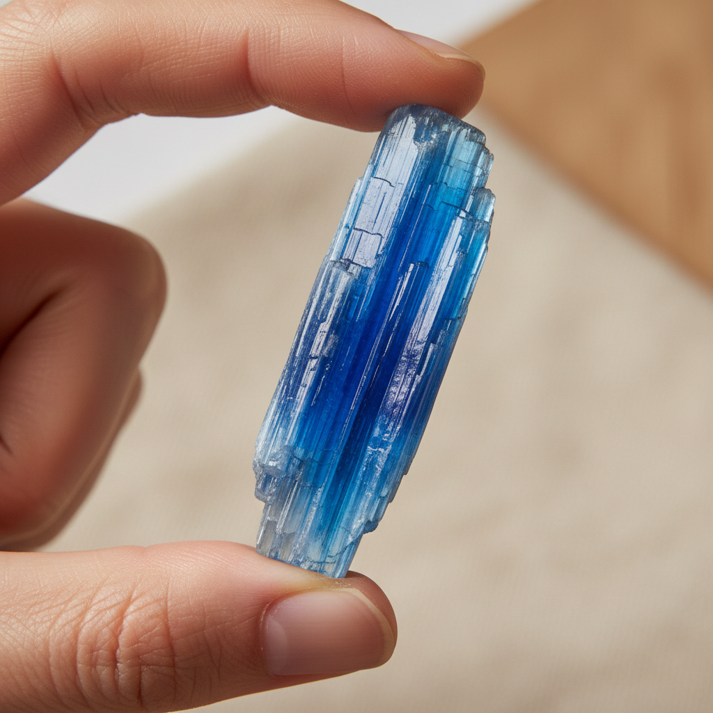 Natural Blue Kyanite crystal held in hand for scale – Horocosmo