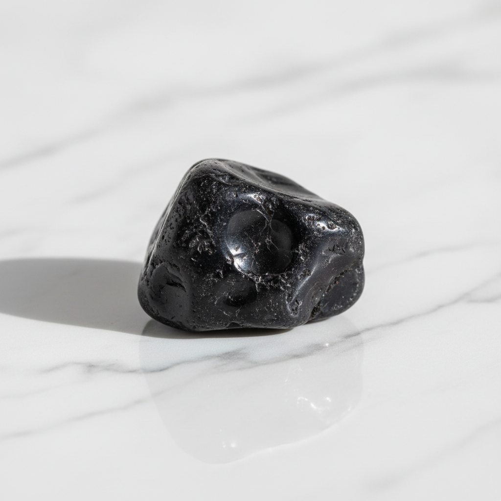 Natural black Shungite stone on white marble – Horocosmo