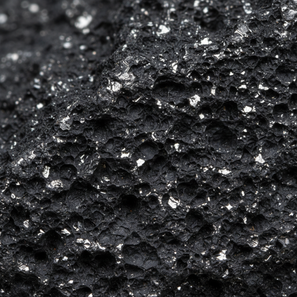 Macro texture of natural Shungite showing carbon-black surface with metallic flecks – Horocosmo