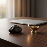 Shungite stone on a desk beside a laptop and brass diya – Horocosmo