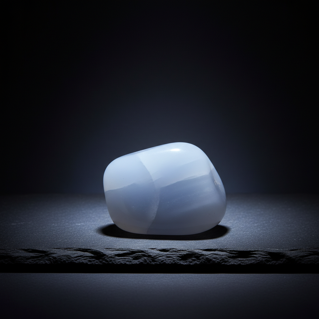 Natural Blue Chalcedony stone with soft blue glow on dark background – Horocosmo