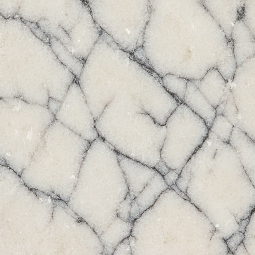 Macro texture of natural Howlite showing white body with grey spiderweb veins – Horocosmo