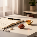 Goldstone on a desk with notebook and brass diya – Horocosmo