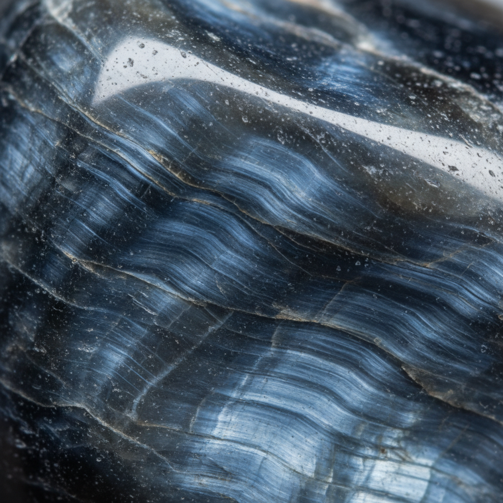 Macro of Hawk's Eye showing blue-grey chatoyant bands – Horocosmo