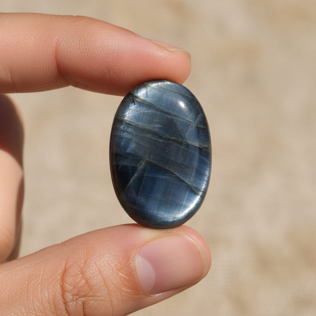 Natural Hawk's Eye stone held in hand for scale – Horocosmo