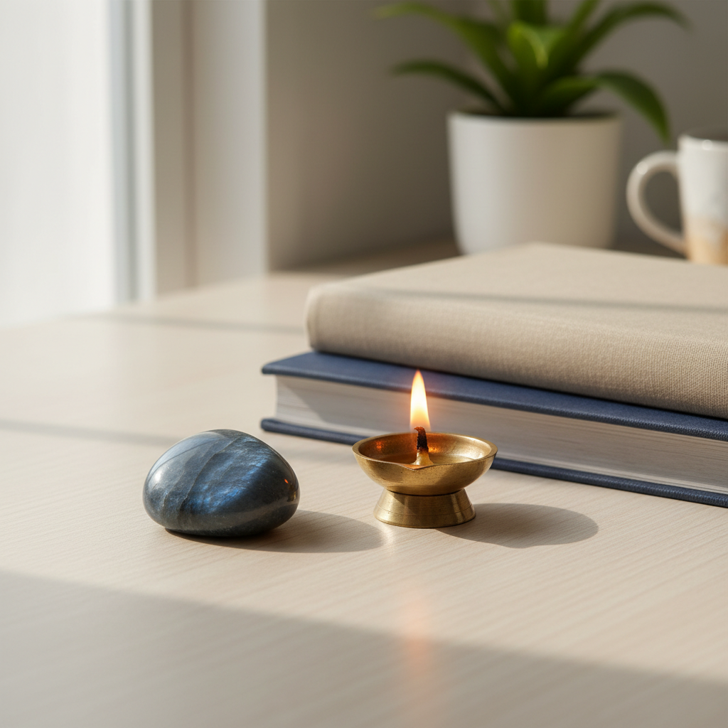 Hawk's Eye stone on a desk with books and brass diya – Horocosmo