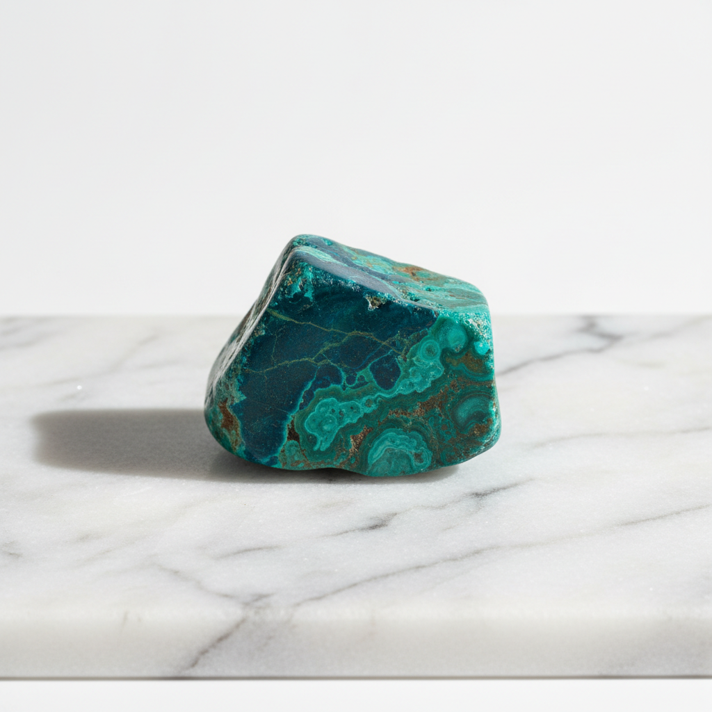Natural Chrysocolla vivid blue-green stone on white marble – Horocosmo