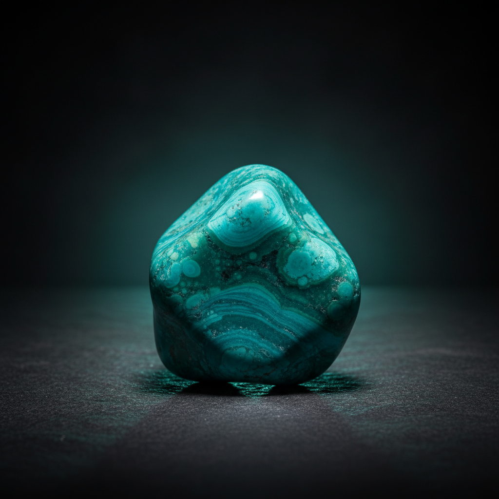 Natural Chrysocolla blue-green stone with teal glow on dark background – Horocosmo