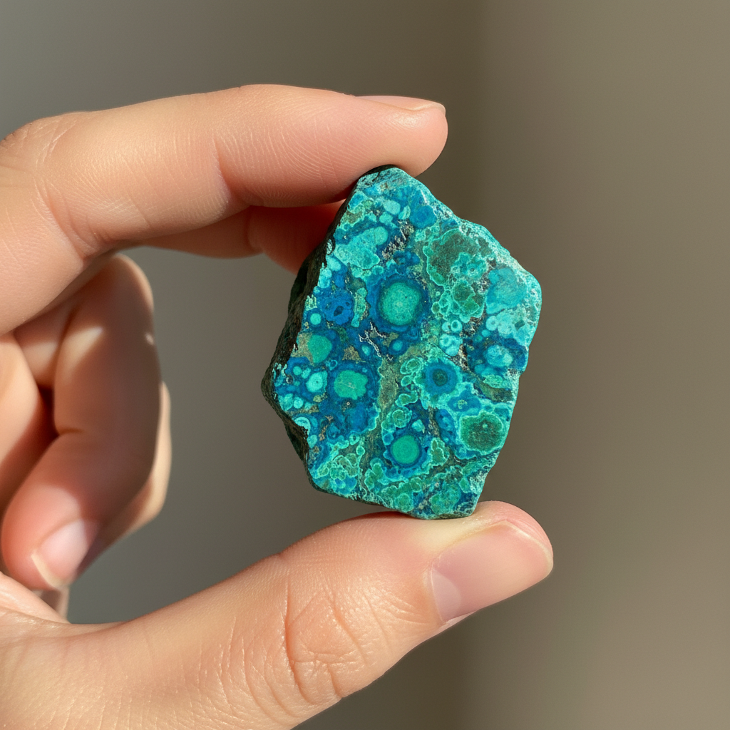 Natural Chrysocolla stone held in hand for scale – Horocosmo