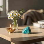 Chrysocolla stone on a desk with flowers and brass diya – Horocosmo