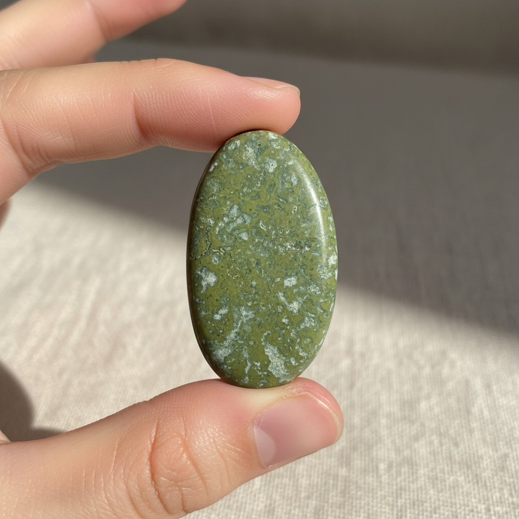 Natural Serpentine green stone held in hand for scale – Horocosmo