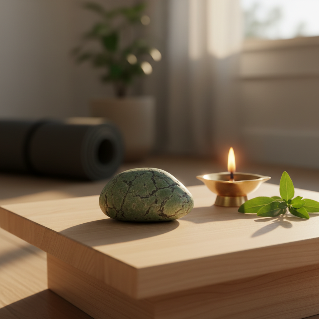 Serpentine stone on a meditation altar with brass diya – Horocosmo