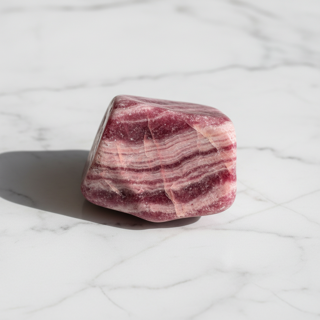 Natural Rhodochrosite rose-pink stone on white marble – Horocosmo