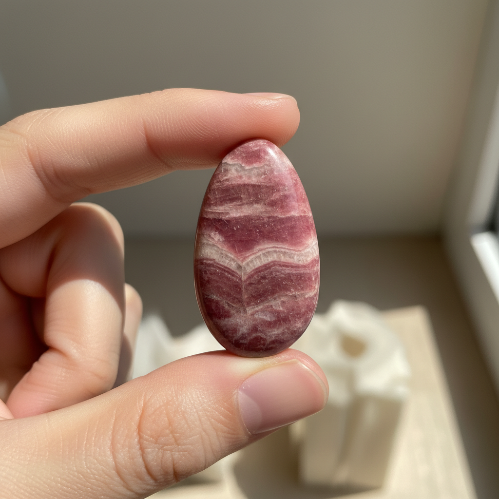 Natural Rhodochrosite rose-pink stone held in hand for scale – Horocosmo