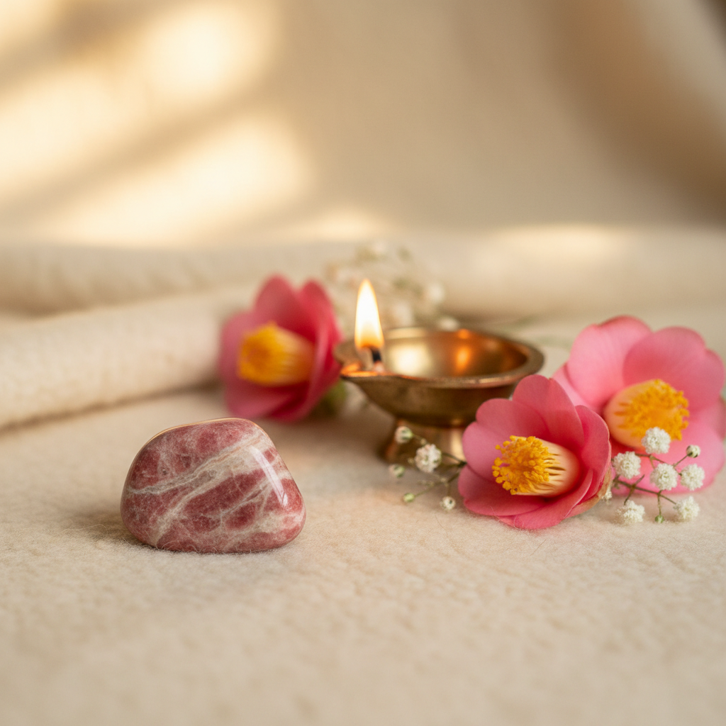 Rhodochrosite stone on a soft surface with pink flowers – Horocosmo