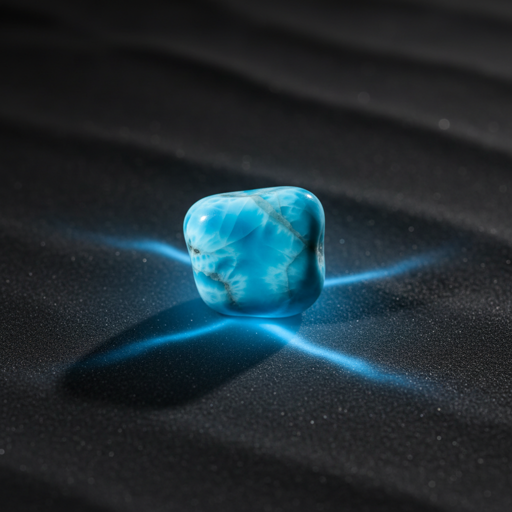 Natural Larimar ocean-blue stone with glow on dark background – Horocosmo