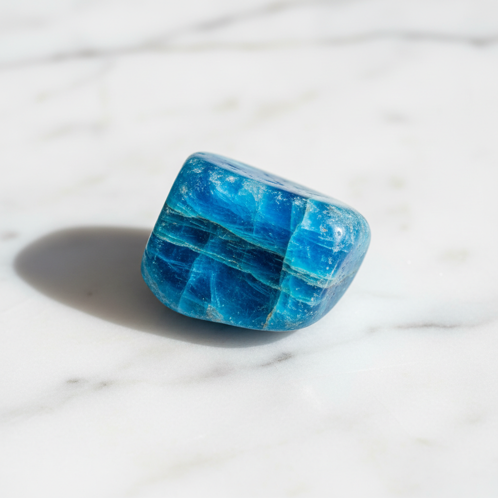 Natural Blue Apatite vivid blue stone on white marble – Horocosmo