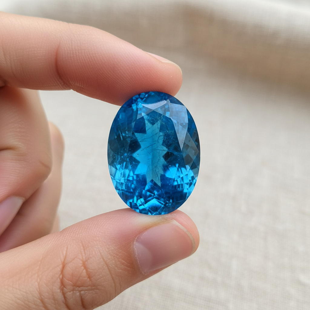 Natural Blue Apatite vivid blue stone held in hand for scale – Horocosmo