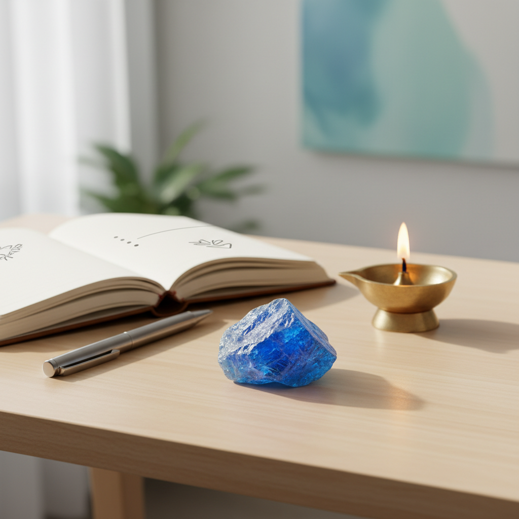 Blue Apatite stone on a desk with notebook – Horocosmo